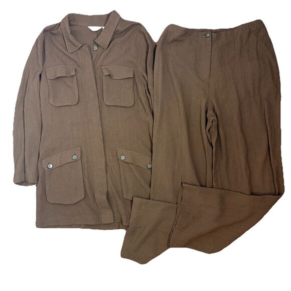 J. Jill Linen /Rayon 2 Pce Set Jacket & Pants in M 10 Brown Seersucker Lagenlook - Picture 1 of 16
